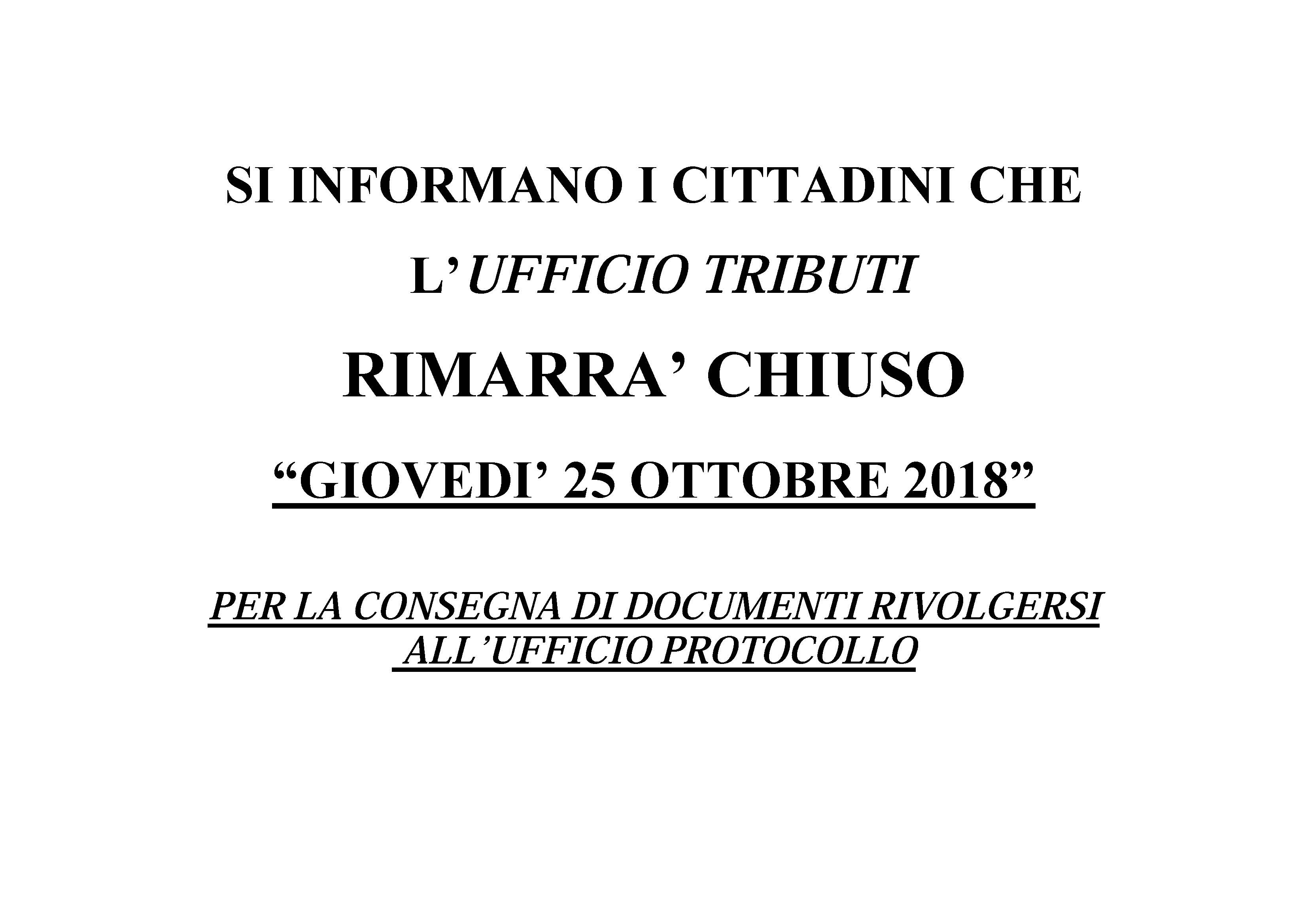 Visualizza la notizia: Chiusura Ufficio Tributi per il 25 Ottobre 2018