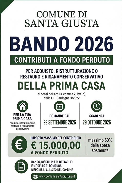Bando contributi a fondo perduto per acquisto, ristrutturazione o restauro e risanamento conservativo della prima casa - Annualità 2026