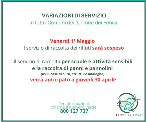 Variazione servizio raccolta differenziata 1° Maggio