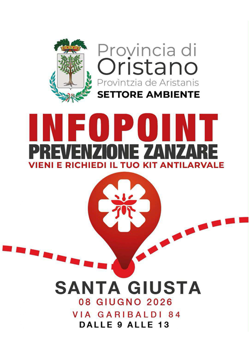 Avviso consegna KIT ANTILARVALE da parte della Provincia di Oristano - Info point fronte Comune via Garibaldi n. 84 - 8 giugno 2026